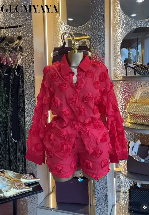 GLCMYAYA Street Fashion Women's Set Rose Floral Long Sleeve Shirt and Shorts Suit 2026 Party Vacation Two 2 Piece Set Outfits GLCMYAYA Street Fashion Women's Set Rose Floral Long Sleeve Shirt and Shorts Suit 2026 Party Vacation Two 2 Piece Set Outfits