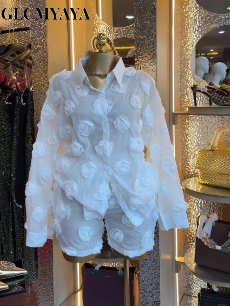 GLCMYAYA Street Fashion Women's Set Rose Floral Long Sleeve Shirt and Shorts Suit 2026 Party Vacation Two 2 Piece Set Outfits