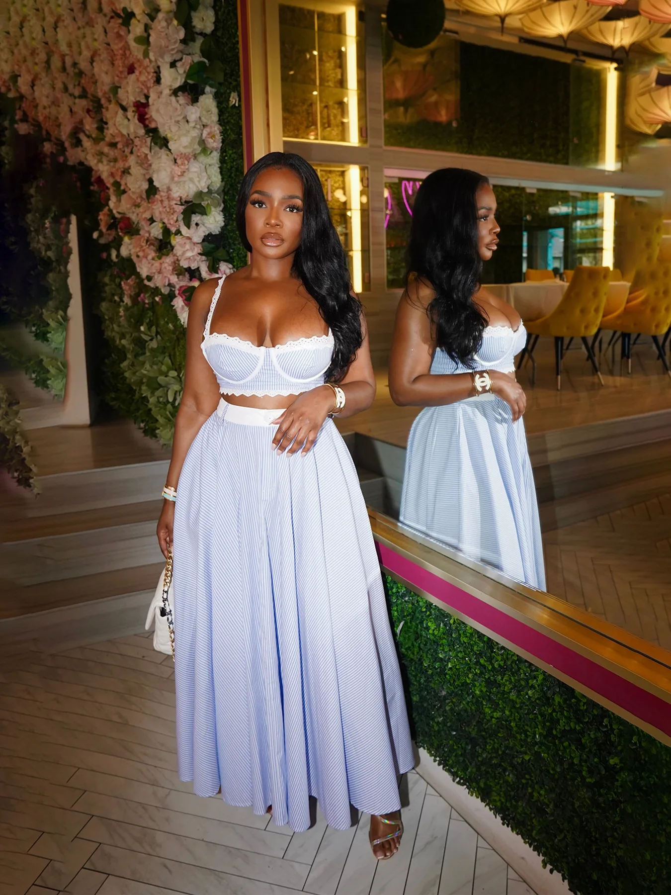 GLCMYAYA striped patchwork Women's Dress Set Strap Crop Tops and a-line long Maxi Skirts Suit Vacation Two 2 Piece Sets Outfits