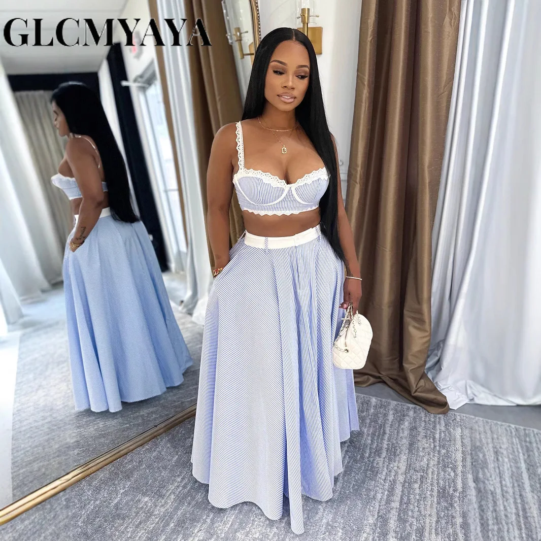 GLCMYAYA striped patchwork Women's Dress Set Strap Crop Tops and a-line long Maxi Skirts Suit Vacation Two 2 Piece Sets Outfits