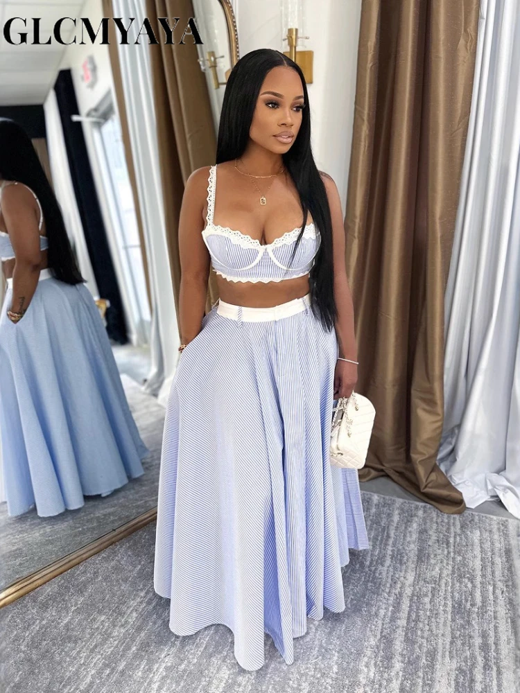 GLCMYAYA striped patchwork Women's Dress Set Strap Crop Tops and a-line long Maxi Skirts Suit Vacation Two 2 Piece Sets Outfits
