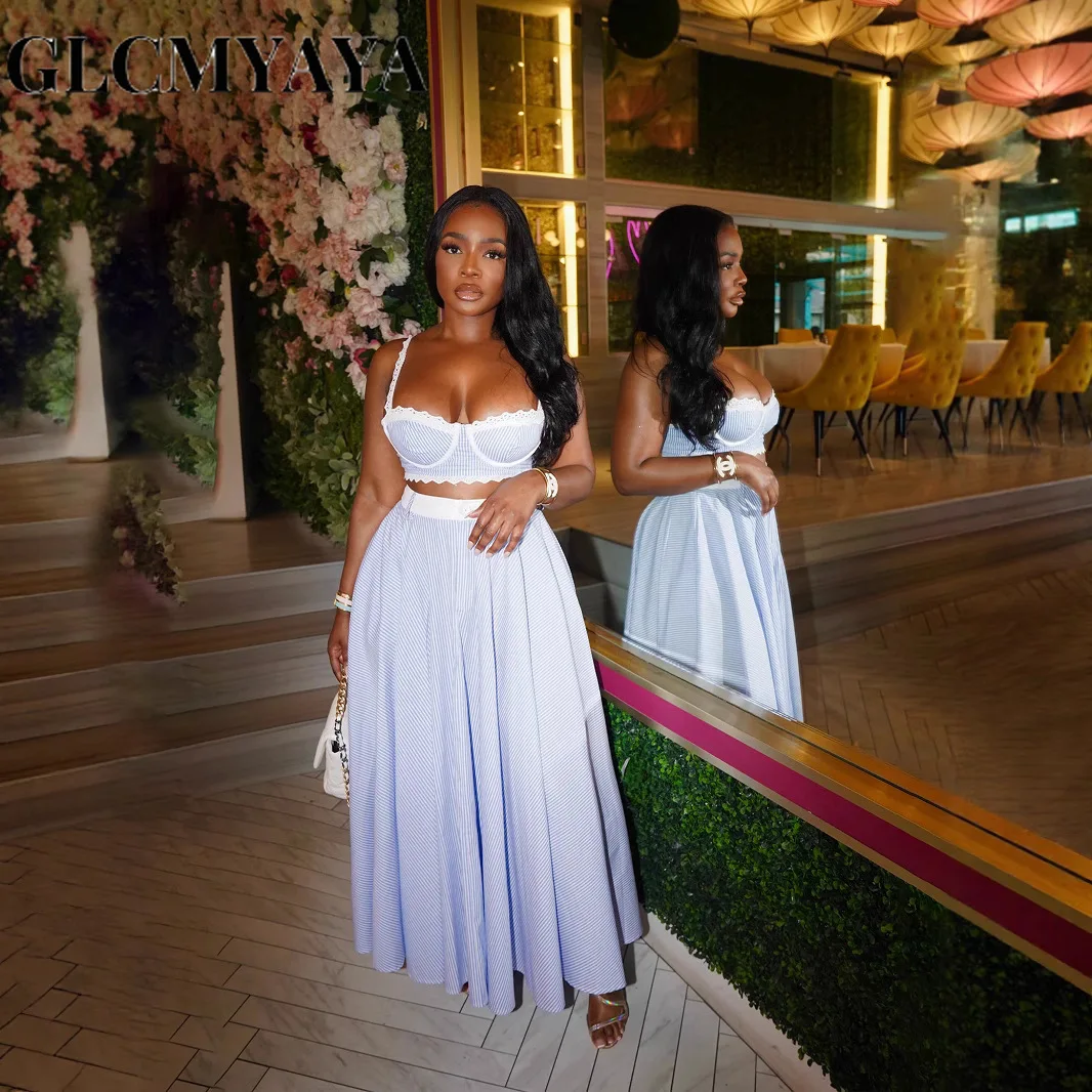 GLCMYAYA striped patchwork Women's Dress Set Strap Crop Tops and a-line long Maxi Skirts Suit Vacation Two 2 Piece Sets Outfits