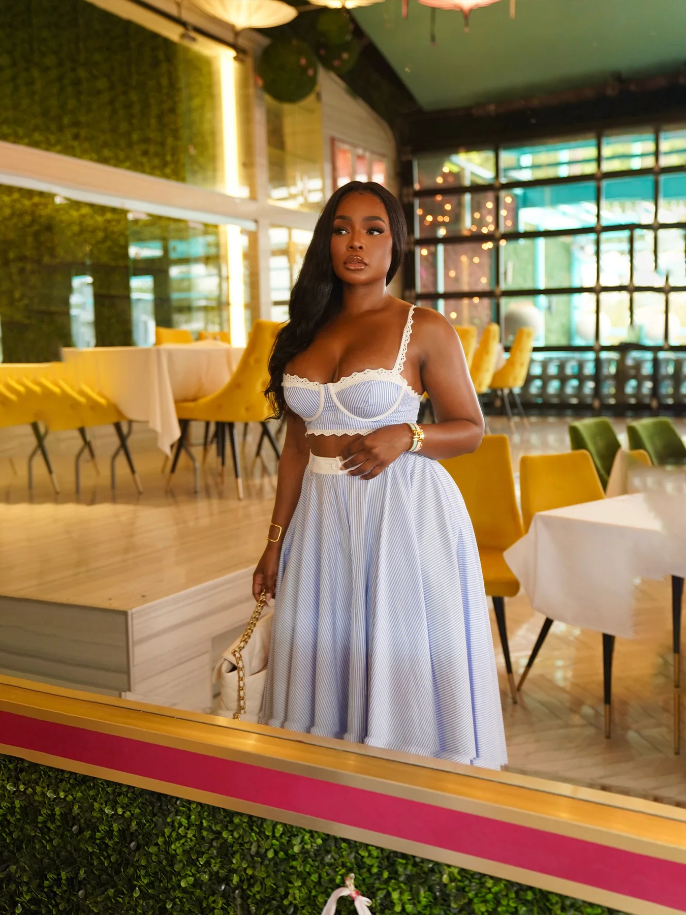 GLCMYAYA striped patchwork Women's Dress Set Strap Crop Tops and a-line long Maxi Skirts Suit Vacation Two 2 Piece Sets Outfits