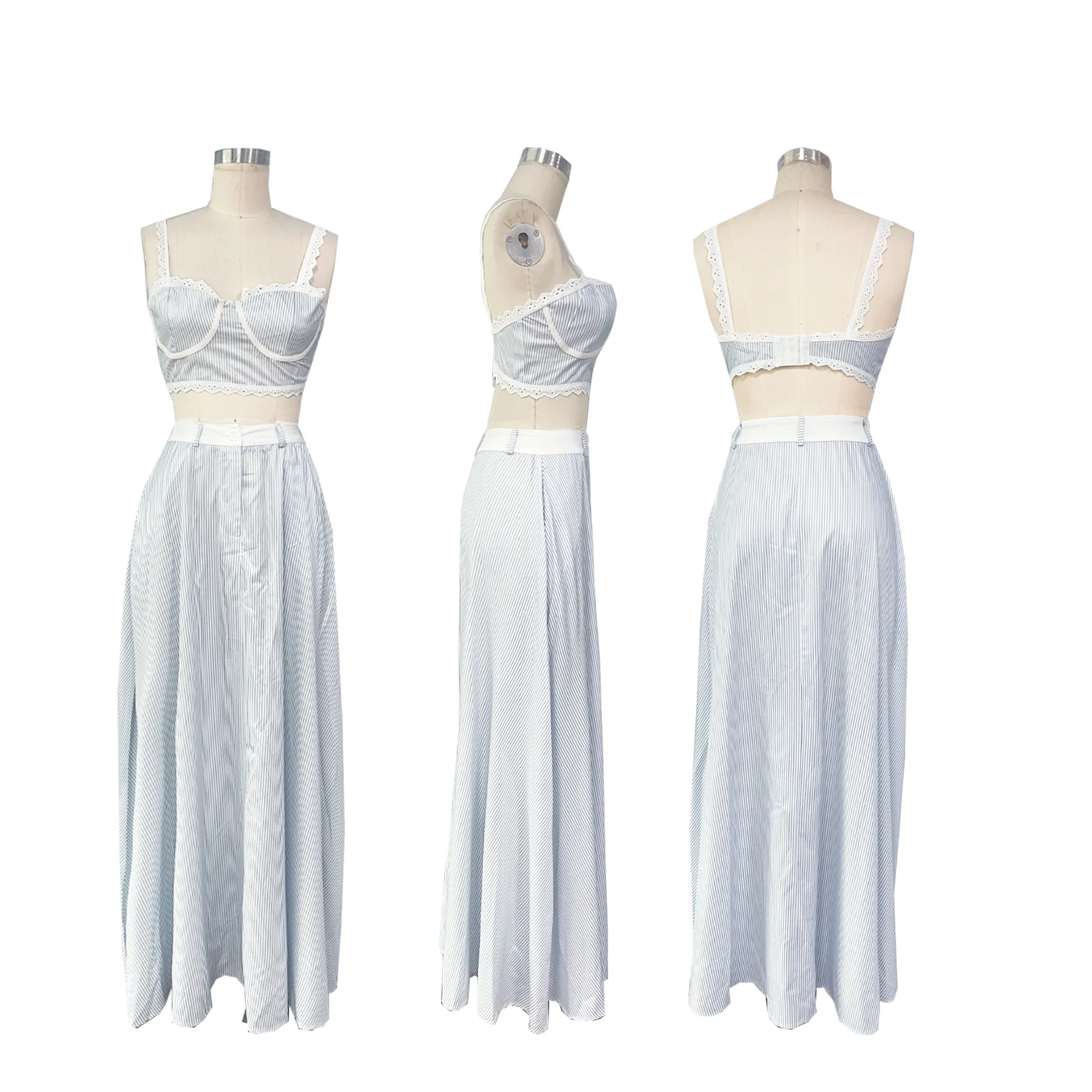 GLCMYAYA striped patchwork Women's Dress Set Strap Crop Tops and a-line long Maxi Skirts Suit Vacation Two 2 Piece Sets Outfits