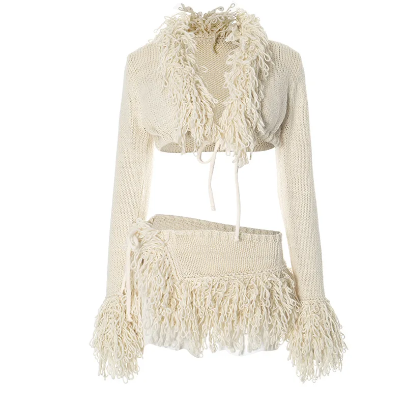 CM.YAYA Women Knitted Mini Skirt Sets +V-Neck Long Sleeve Tassel Crop Top Fall Streetwear Sexy Party Two 2 Piece Sets Outfits
