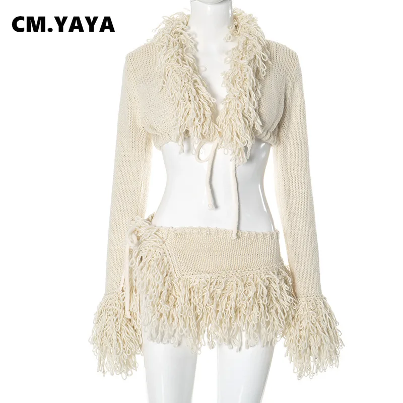 CM.YAYA Women Knitted Mini Skirt Sets +V-Neck Long Sleeve Tassel Crop Top Fall Streetwear Sexy Party Two 2 Piece Sets Outfits