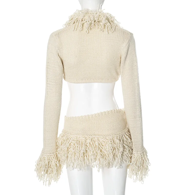 CM.YAYA Women Knitted Mini Skirt Sets +V-Neck Long Sleeve Tassel Crop Top Fall Streetwear Sexy Party Two 2 Piece Sets Outfits