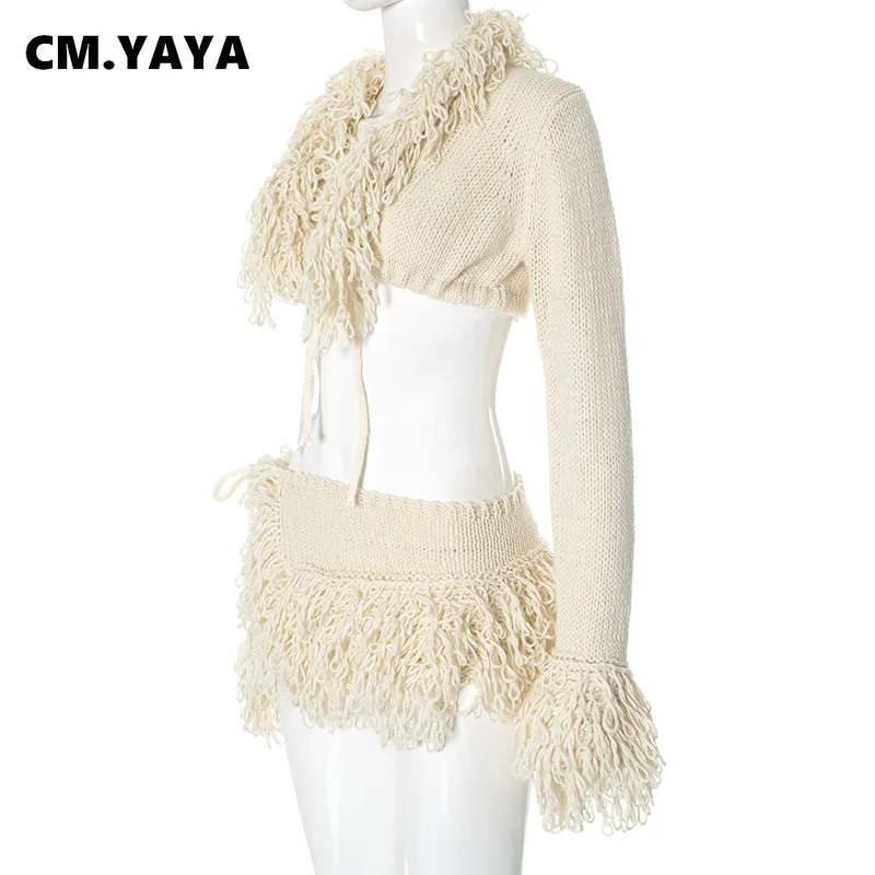 CM.YAYA Women Knitted Mini Skirt Sets +V-Neck Long Sleeve Tassel Crop Top Fall Streetwear Sexy Party Two 2 Piece Sets Outfits