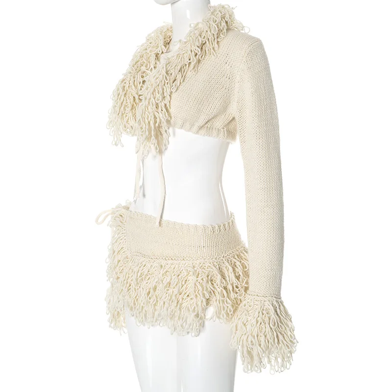 CM.YAYA Women Knitted Mini Skirt Sets +V-Neck Long Sleeve Tassel Crop Top Fall Streetwear Sexy Party Two 2 Piece Sets Outfits