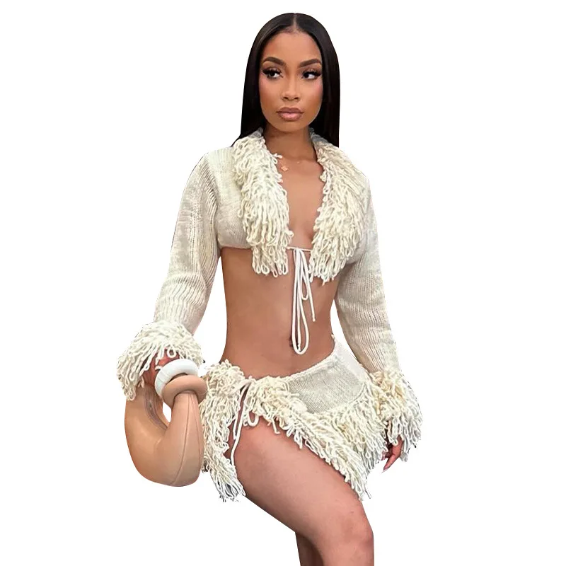 CM.YAYA Women Knitted Mini Skirt Sets +V-Neck Long Sleeve Tassel Crop Top Fall Streetwear Sexy Party Two 2 Piece Sets Outfits