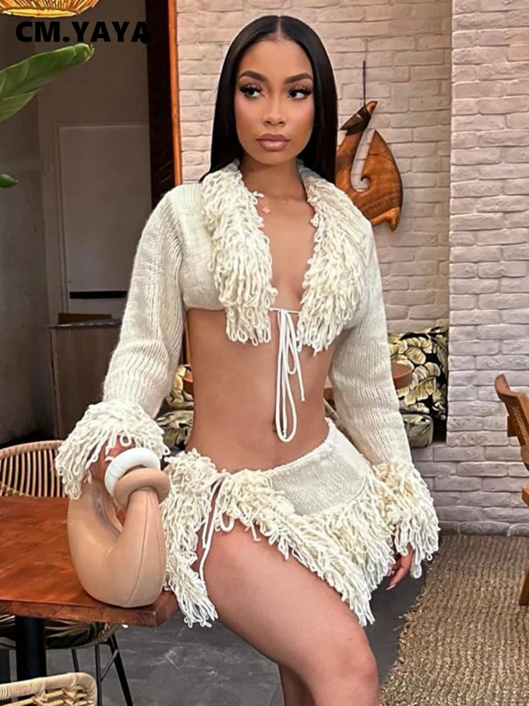 CM.YAYA Women Knitted Mini Skirt Sets +V-Neck Long Sleeve Tassel Crop Top Fall Streetwear Sexy Party Two 2 Piece Sets Outfits