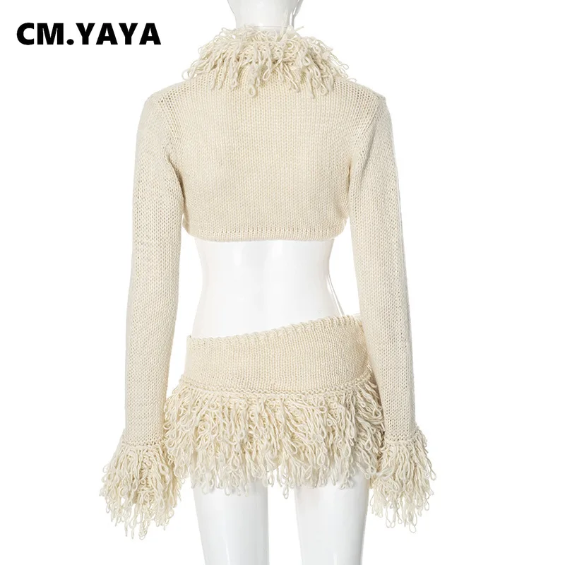 CM.YAYA Women Knitted Mini Skirt Sets +V-Neck Long Sleeve Tassel Crop Top Fall Streetwear Sexy Party Two 2 Piece Sets Outfits