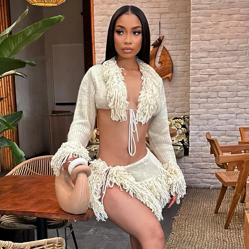 CM.YAYA Women Knitted Mini Skirt Sets +V-Neck Long Sleeve Tassel Crop Top Fall Streetwear Sexy Party Two 2 Piece Sets Outfits