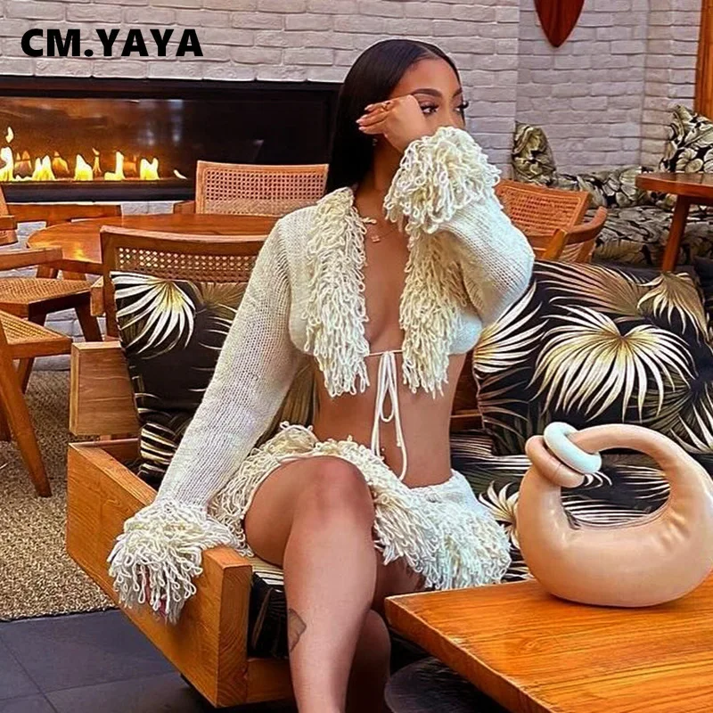 CM.YAYA Women Knitted Mini Skirt Sets +V-Neck Long Sleeve Tassel Crop Top Fall Streetwear Sexy Party Two 2 Piece Sets Outfits
