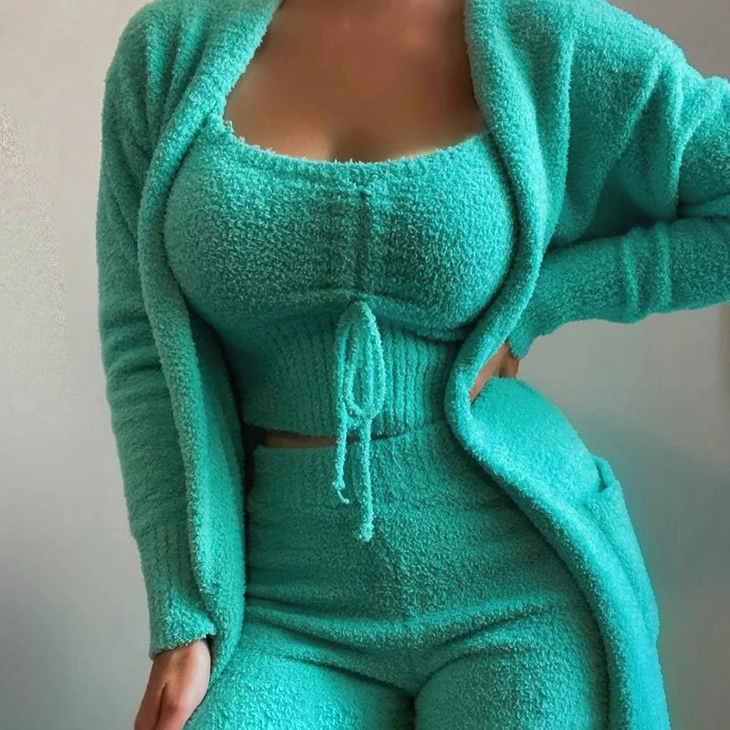 CM.YAYA 3-Piece Women Sets Plush Velvet Pajama Sleepwear Tank Tops + Pants + Cardigan Coat Tracksuit Loungewear Causal Outfits CM.YAYA 3-Piece Women Sets Plush Velvet Pajama Sleepwear Tank Tops + Pants + Cardigan Coat Tracksuit Loungewear Causal Outfits
