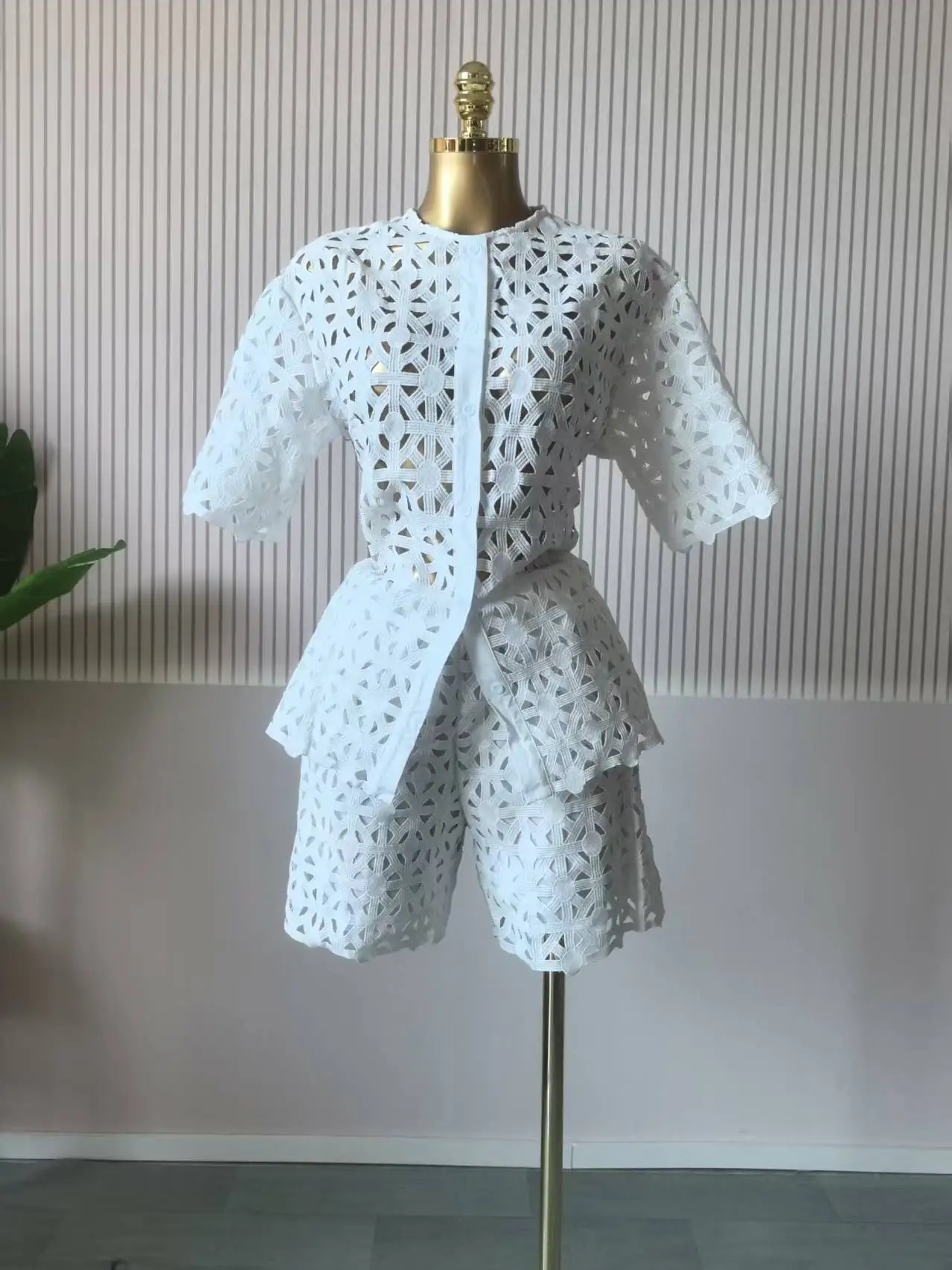 GLCMYAYA Hollow Out Women's Set Short Sleeve Shirt and Shorts Suit 2025 Summer OL Fashion Two 2 Piece Sets Outfit Tracksuit