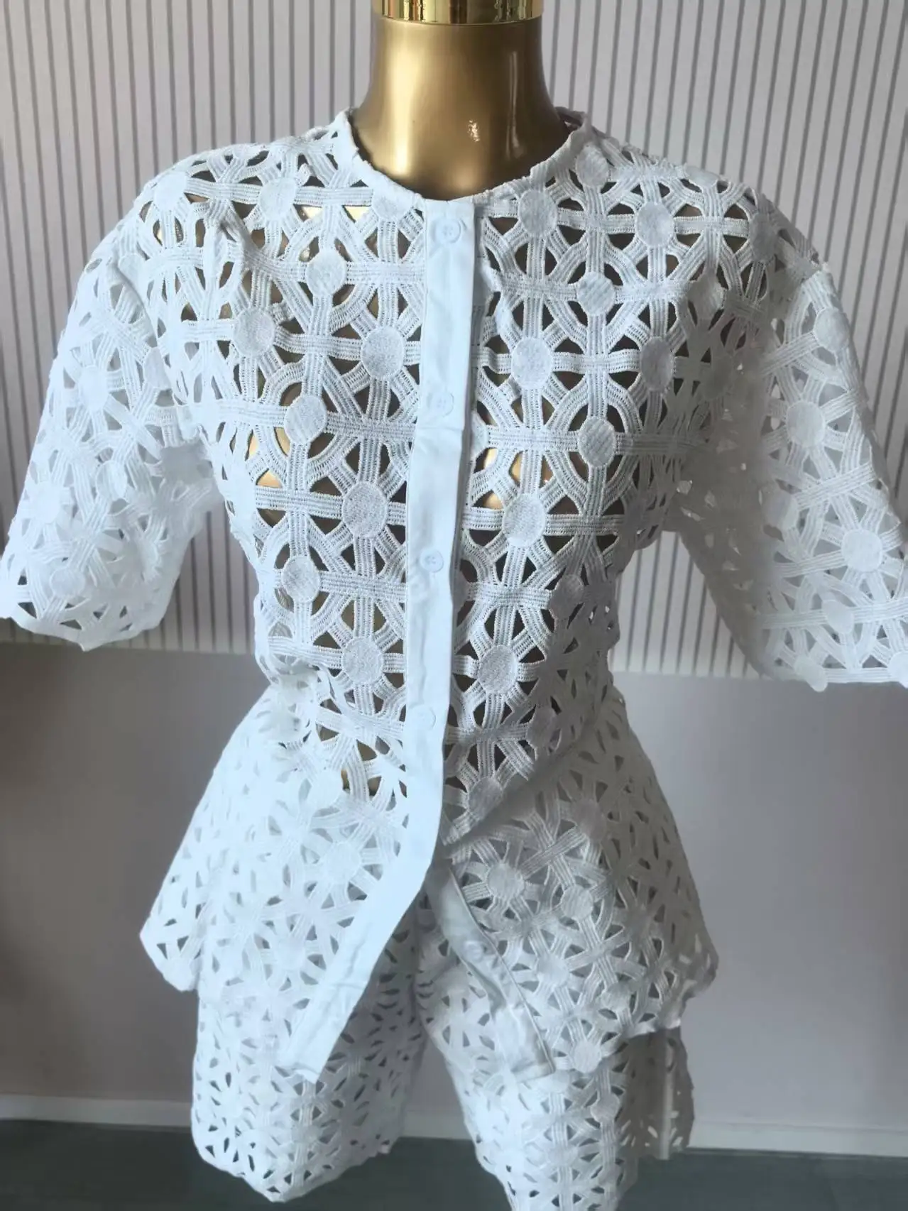 GLCMYAYA Hollow Out Women's Set Short Sleeve Shirt and Shorts Suit 2025 Summer OL Fashion Two 2 Piece Sets Outfit Tracksuit