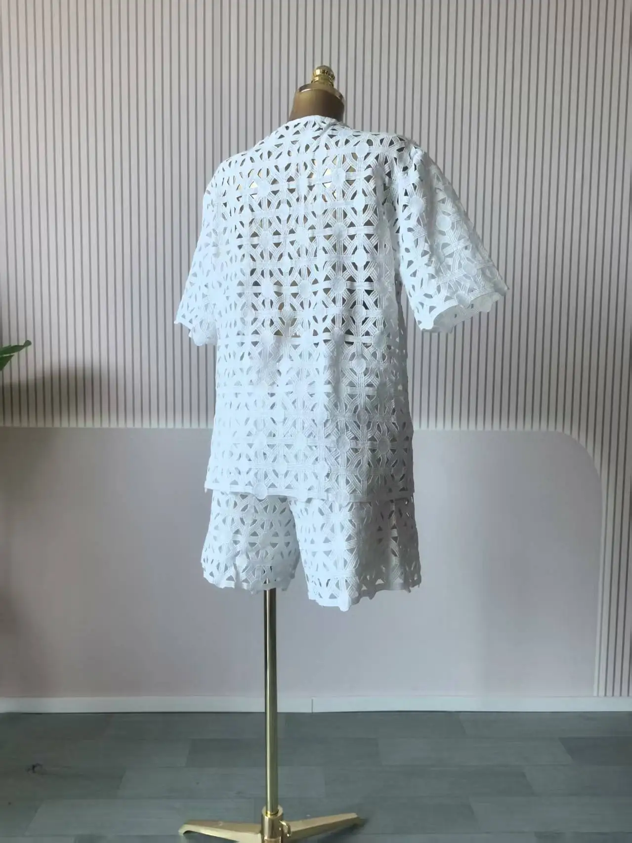 GLCMYAYA Hollow Out Women's Set Short Sleeve Shirt and Shorts Suit 2025 Summer OL Fashion Two 2 Piece Sets Outfit Tracksuit