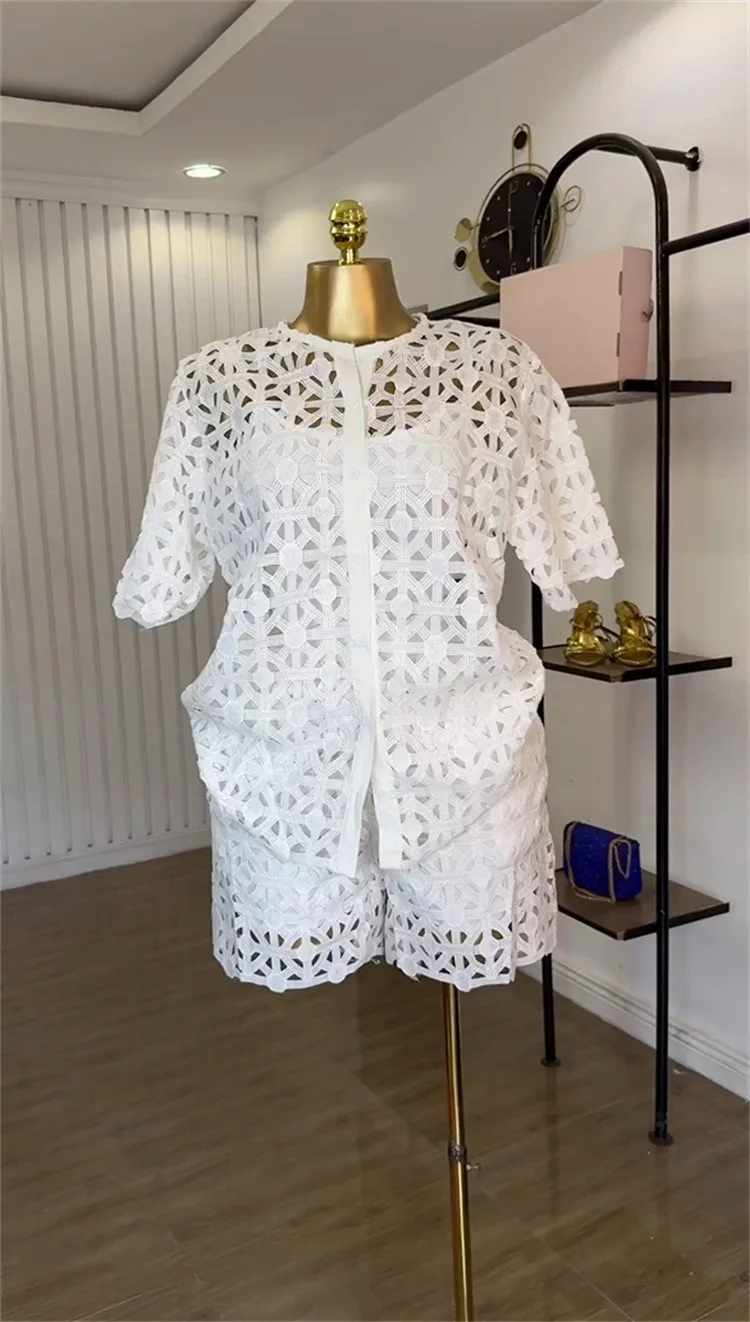 GLCMYAYA Hollow Out Women's Set Short Sleeve Shirt and Shorts Suit 2025 Summer OL Fashion Two 2 Piece Sets Outfit Tracksuit