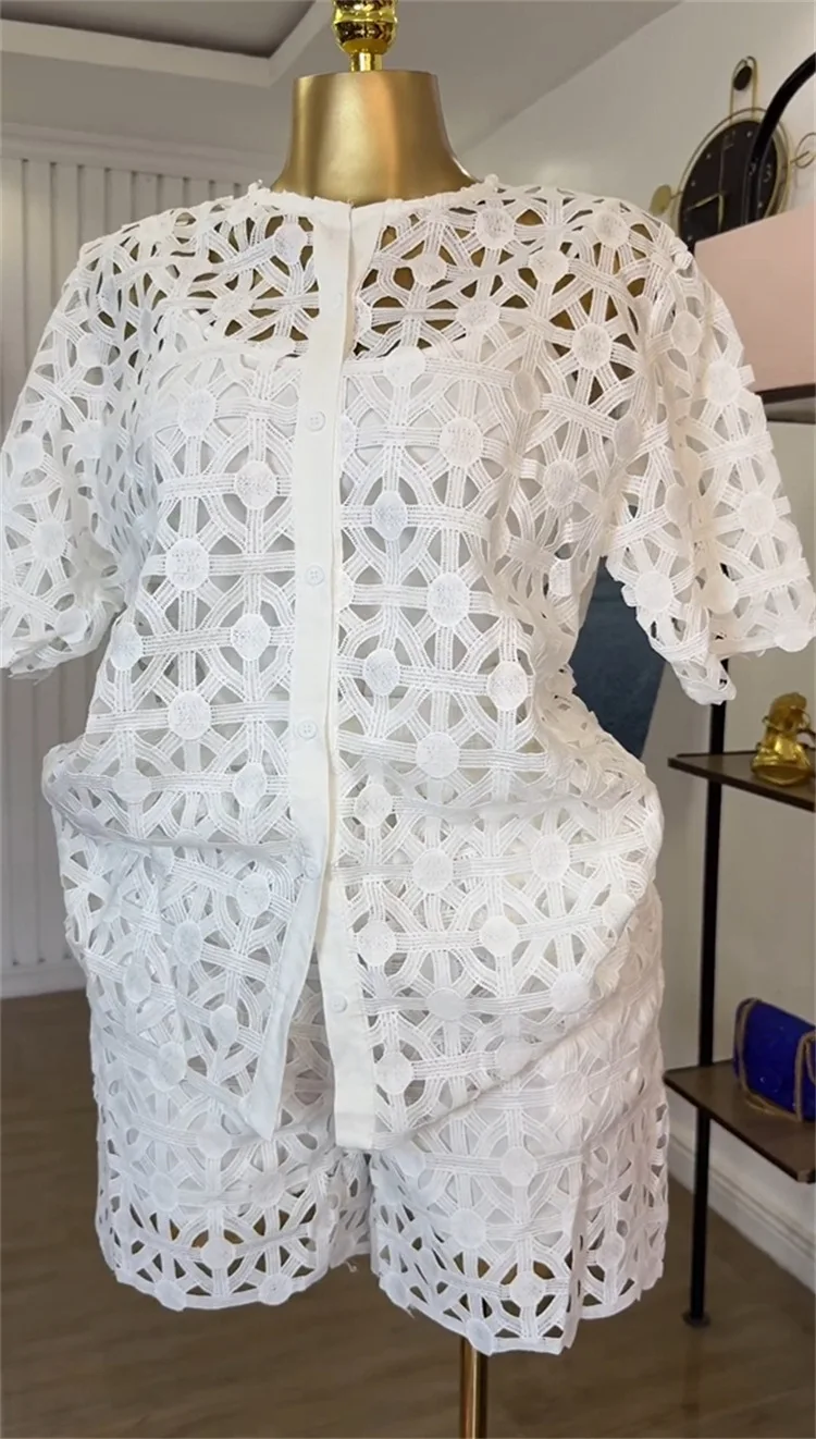GLCMYAYA Hollow Out Women's Set Short Sleeve Shirt and Shorts Suit 2025 Summer OL Fashion Two 2 Piece Sets Outfit Tracksuit