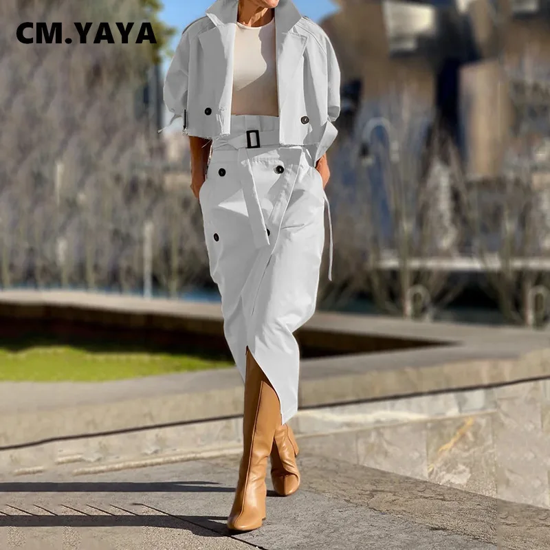 CM.YAYA Street Chic Women's Set Button Belt Long Sleeve Jackets and Cargo Skirts Suits Spring Two 2 Piece Set Outfit Tracksuit
