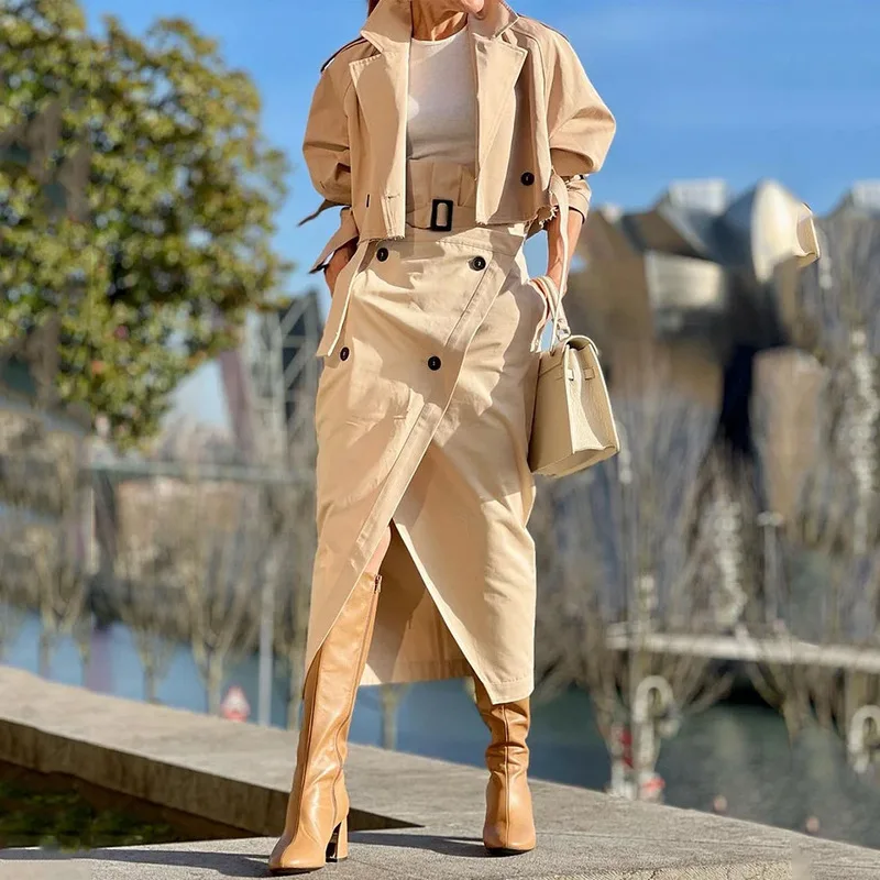 CM.YAYA Street Chic Women's Set Button Belt Long Sleeve Jackets and Cargo Skirts Suits Spring Two 2 Piece Set Outfit Tracksuit