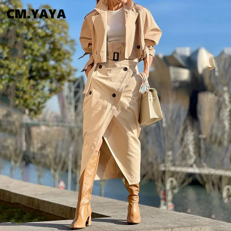 CM.YAYA Street Chic Women's Set Button Belt Long Sleeve Jackets and Cargo Skirts Suits Spring Two 2 Piece Set Outfit Tracksuit