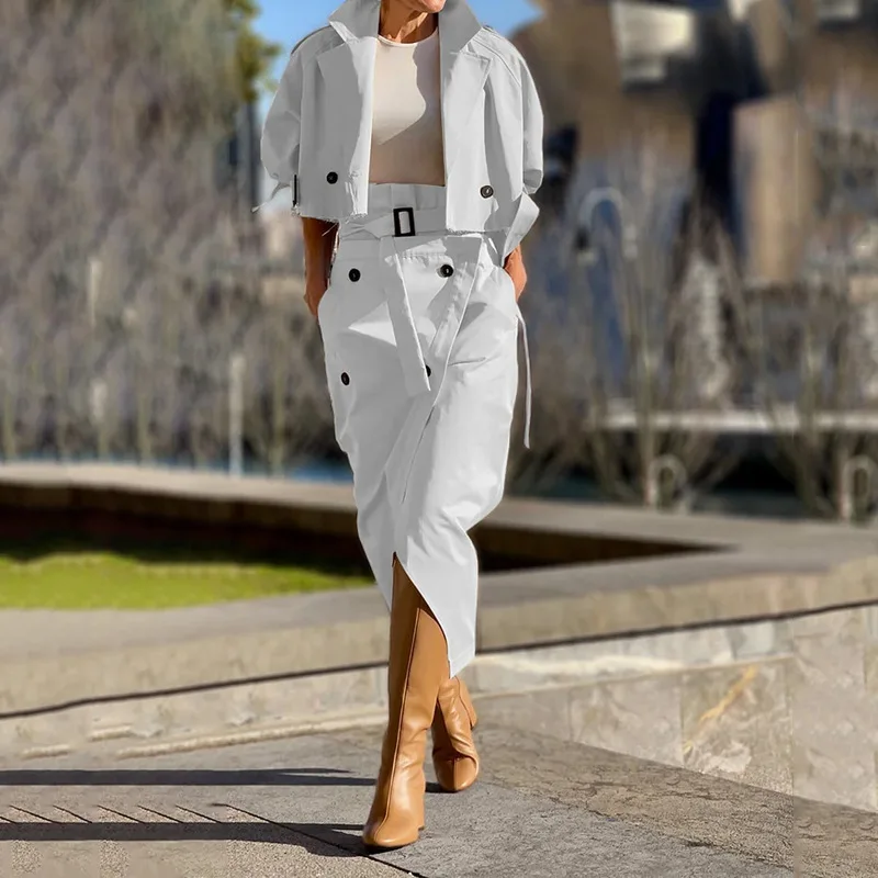 CM.YAYA Street Chic Women's Set Button Belt Long Sleeve Jackets and Cargo Skirts Suits Spring Two 2 Piece Set Outfit Tracksuit