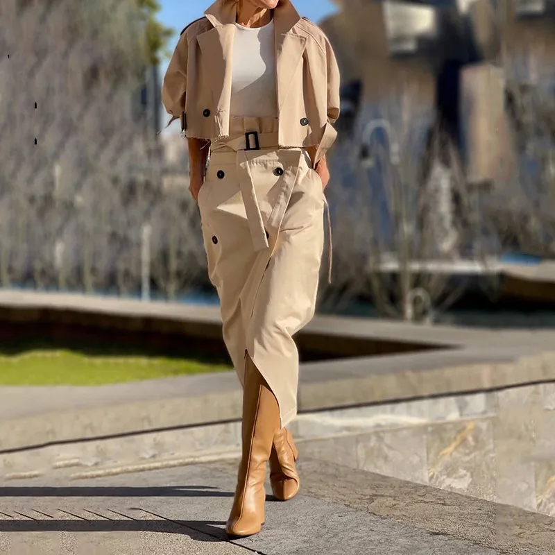 CM.YAYA Street Chic Women's Set Button Belt Long Sleeve Jackets and Cargo Skirts Suits Spring Two 2 Piece Set Outfit Tracksuit
