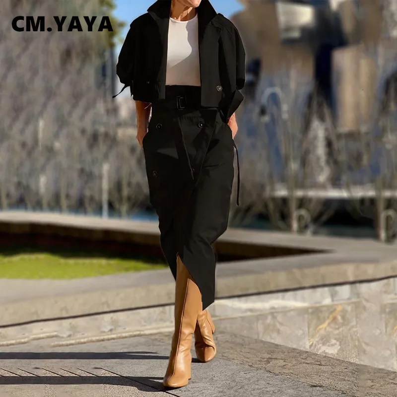 CM.YAYA Street Chic Women's Set Button Belt Long Sleeve Jackets and Cargo Skirts Suits Spring Two 2 Piece Set Outfit Tracksuit