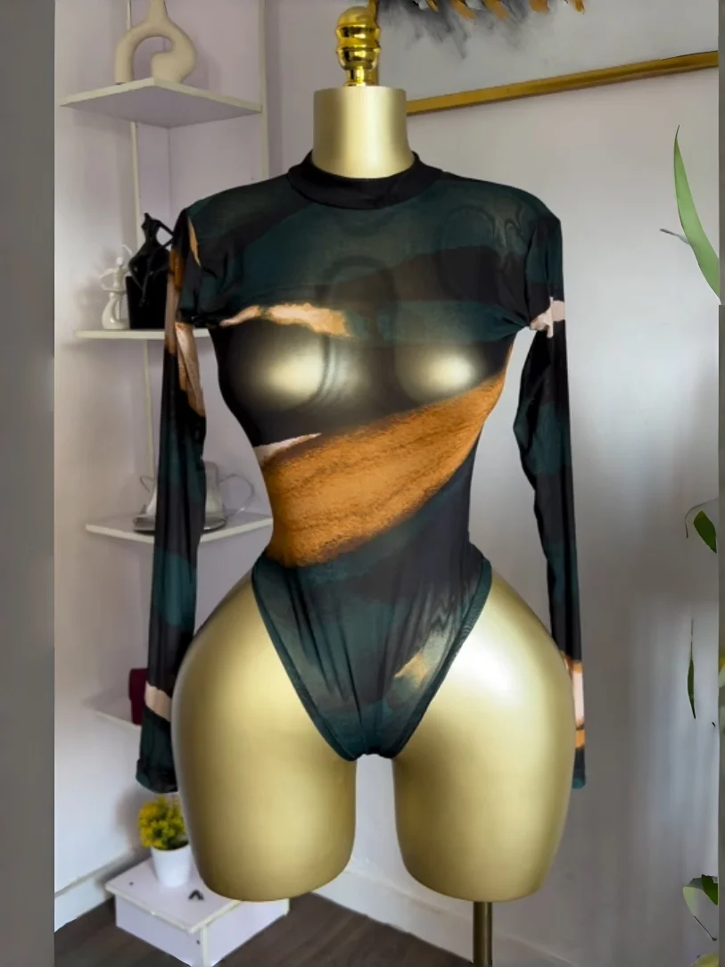 GLCMYAYA Women Tie Dye Printed Long Sleeve Bodysuit Top and Halter Neck Midi Maxi Skirts See Though Fall Two Piece Set Outfits