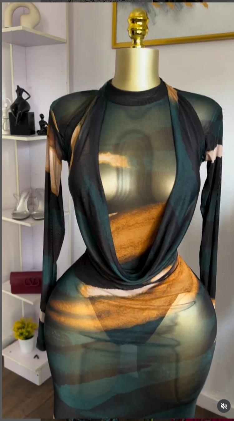 GLCMYAYA Women Tie Dye Printed Long Sleeve Bodysuit Top and Halter Neck Midi Maxi Skirts See Though Fall Two Piece Set Outfits