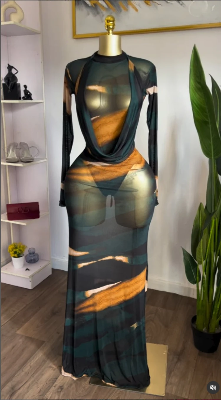 GLCMYAYA Women Tie Dye Printed Long Sleeve Bodysuit Top and Halter Neck Midi Maxi Skirts See Though Fall Two Piece Set Outfits