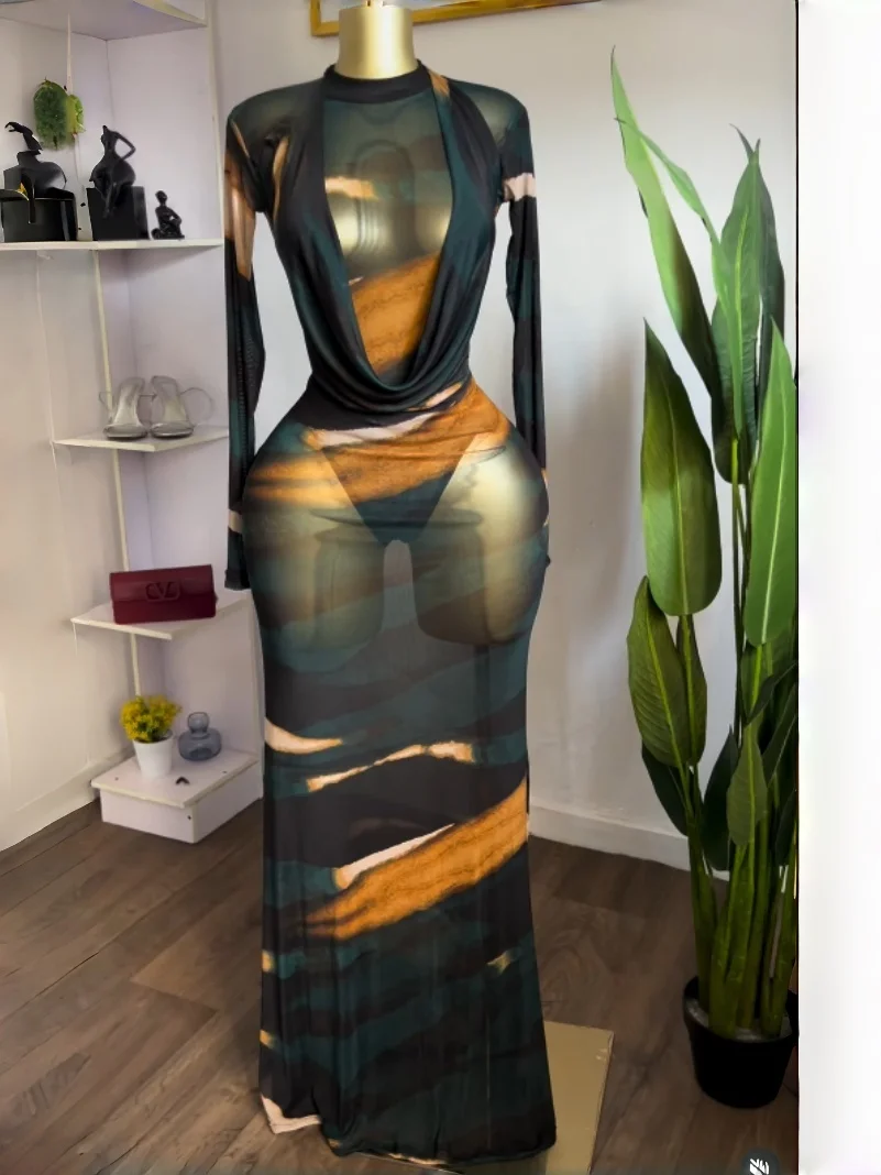 GLCMYAYA Women Tie Dye Printed Long Sleeve Bodysuit Top and Halter Neck Midi Maxi Skirts See Though Fall Two Piece Set Outfits