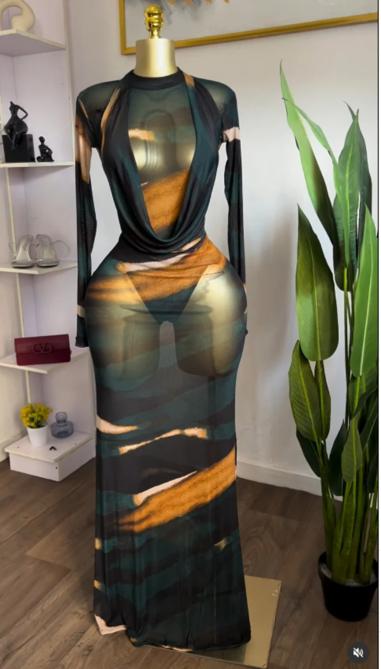 GLCMYAYA Women Tie Dye Printed Long Sleeve Bodysuit Top and Halter Neck Midi Maxi Skirts See Though Fall Two Piece Set Outfits