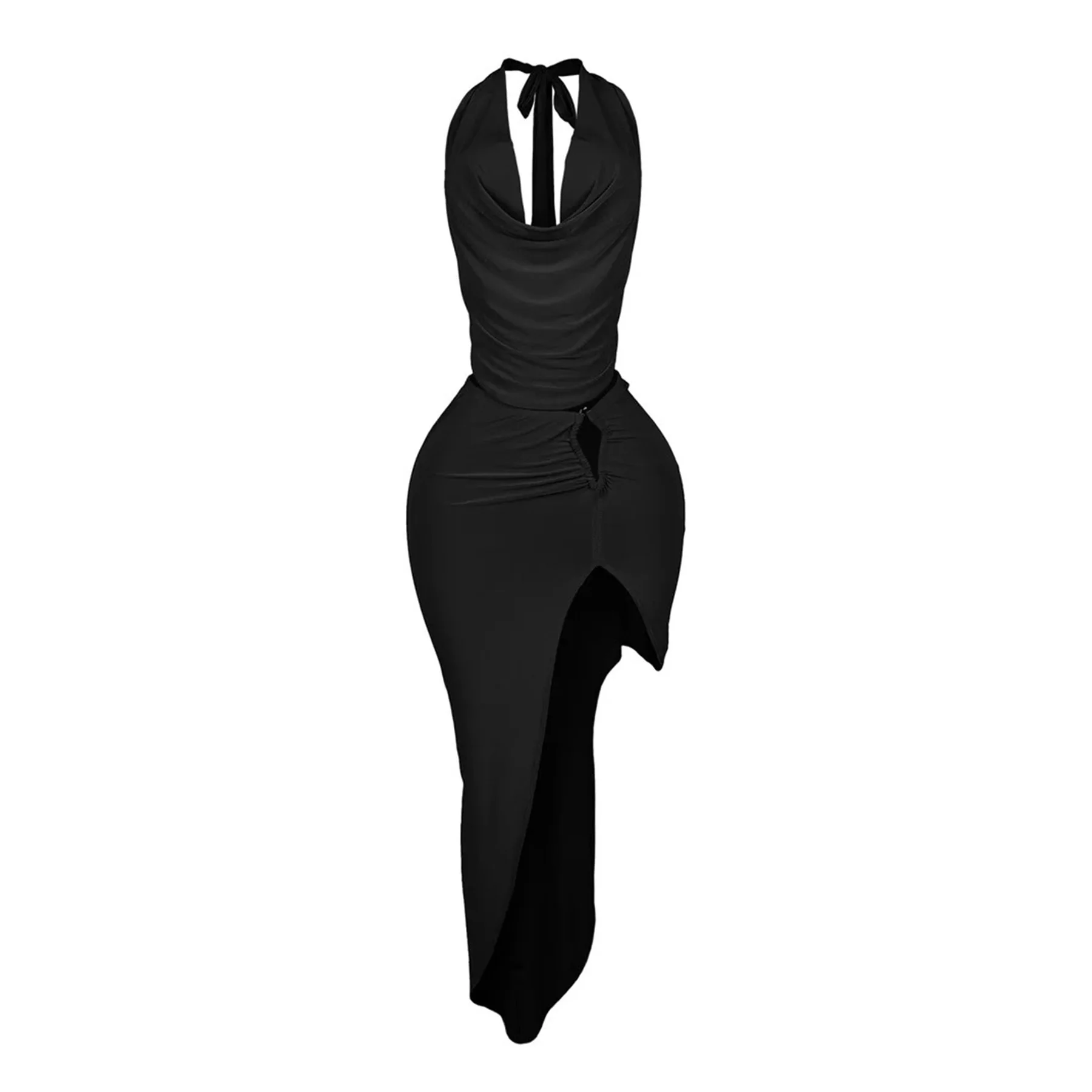 CM.YAYA Women's Set Halter Neck Backless Crop Top High Side Split Slim Maxi Skirts Suit 2025 Beach Sexy Two 2 Piece Sets Outfits