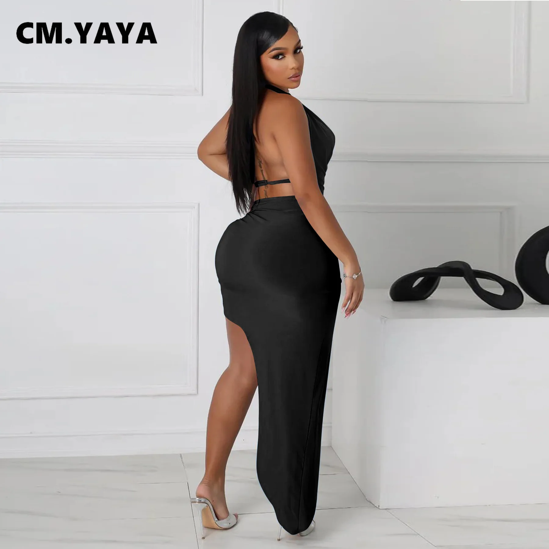 CM.YAYA Women's Set Halter Neck Backless Crop Top High Side Split Slim Maxi Skirts Suit 2025 Beach Sexy Two 2 Piece Sets Outfits