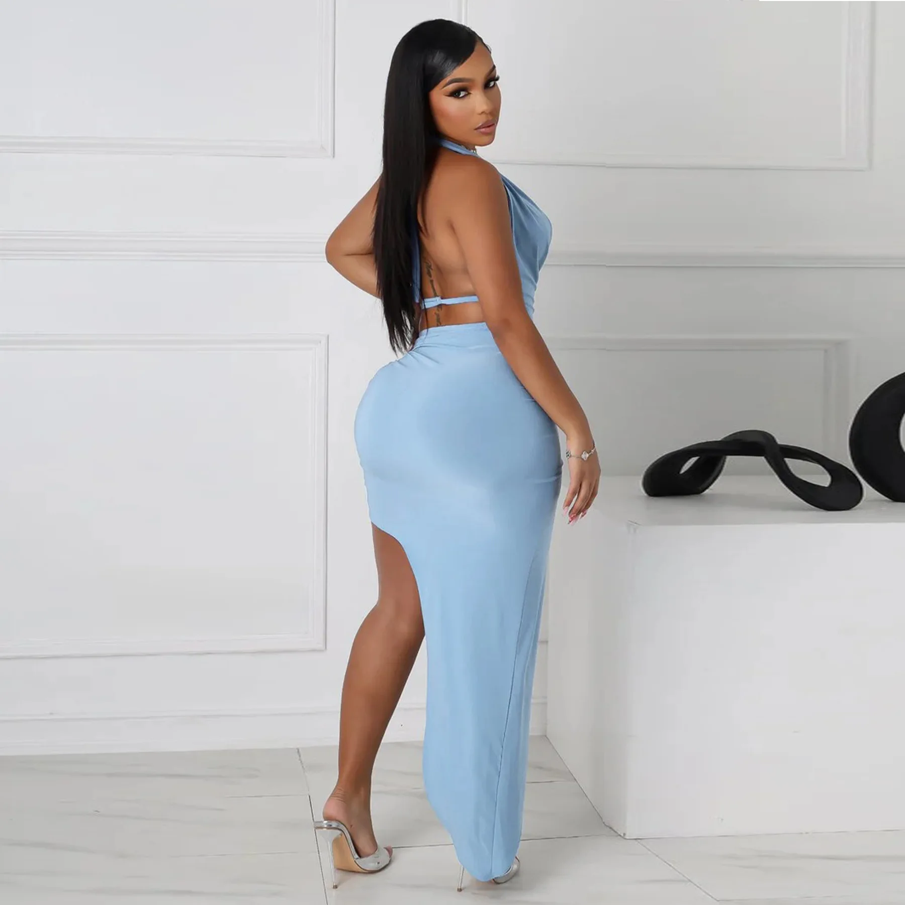 CM.YAYA Women's Set Halter Neck Backless Crop Top High Side Split Slim Maxi Skirts Suit 2025 Beach Sexy Two 2 Piece Sets Outfits