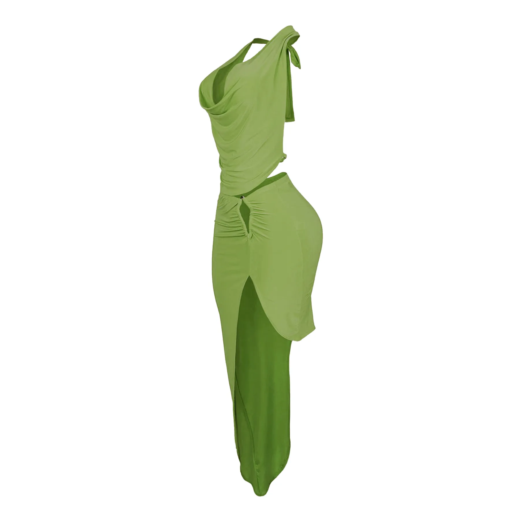 CM.YAYA Women's Set Halter Neck Backless Crop Top High Side Split Slim Maxi Skirts Suit 2025 Beach Sexy Two 2 Piece Sets Outfits