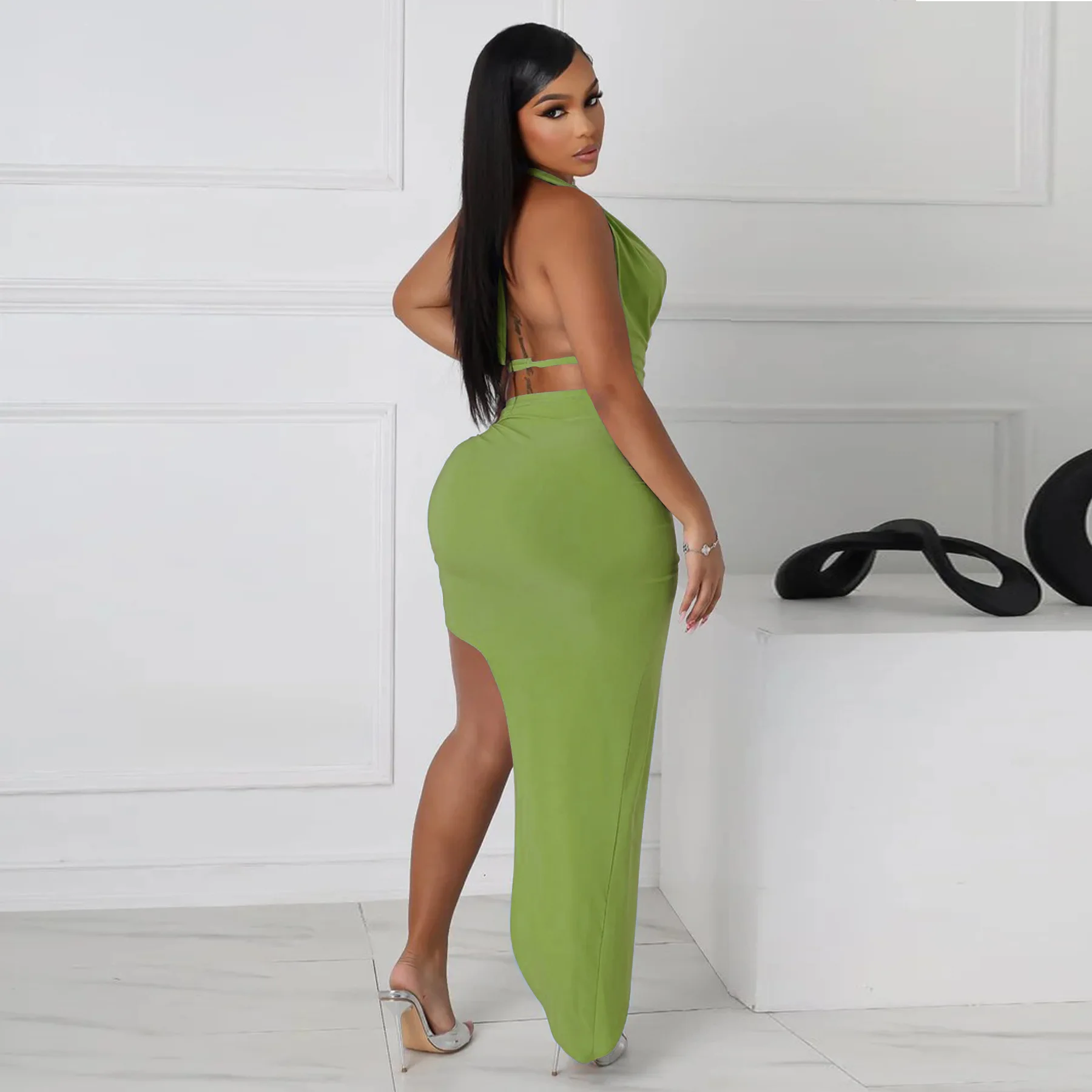 CM.YAYA Women's Set Halter Neck Backless Crop Top High Side Split Slim Maxi Skirts Suit 2025 Beach Sexy Two 2 Piece Sets Outfits