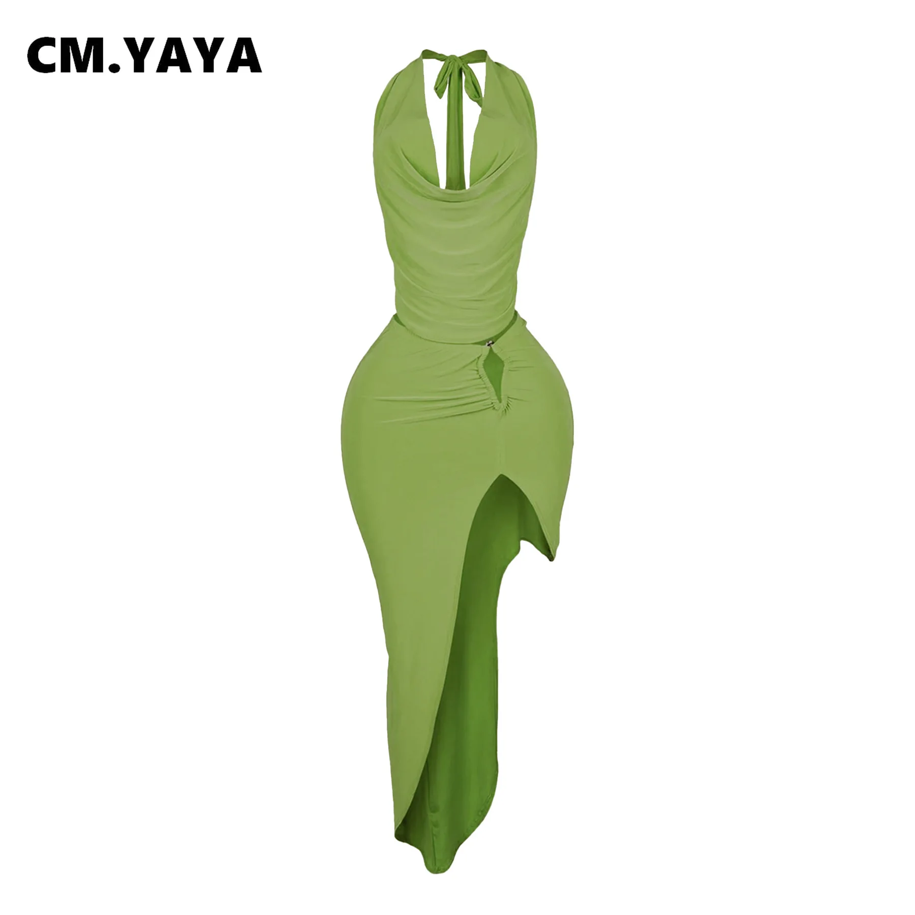 CM.YAYA Women's Set Halter Neck Backless Crop Top High Side Split Slim Maxi Skirts Suit 2025 Beach Sexy Two 2 Piece Sets Outfits