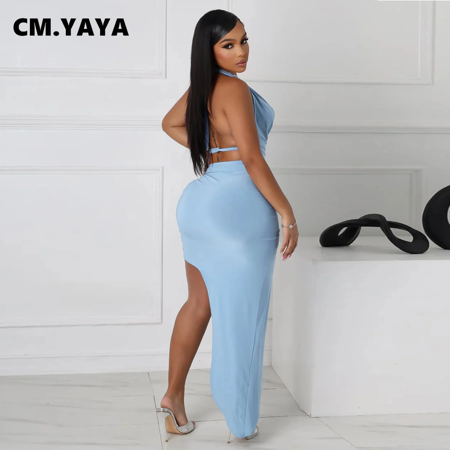 CM.YAYA Women's Set Halter Neck Backless Crop Top High Side Split Slim Maxi Skirts Suit 2025 Beach Sexy Two 2 Piece Sets Outfits