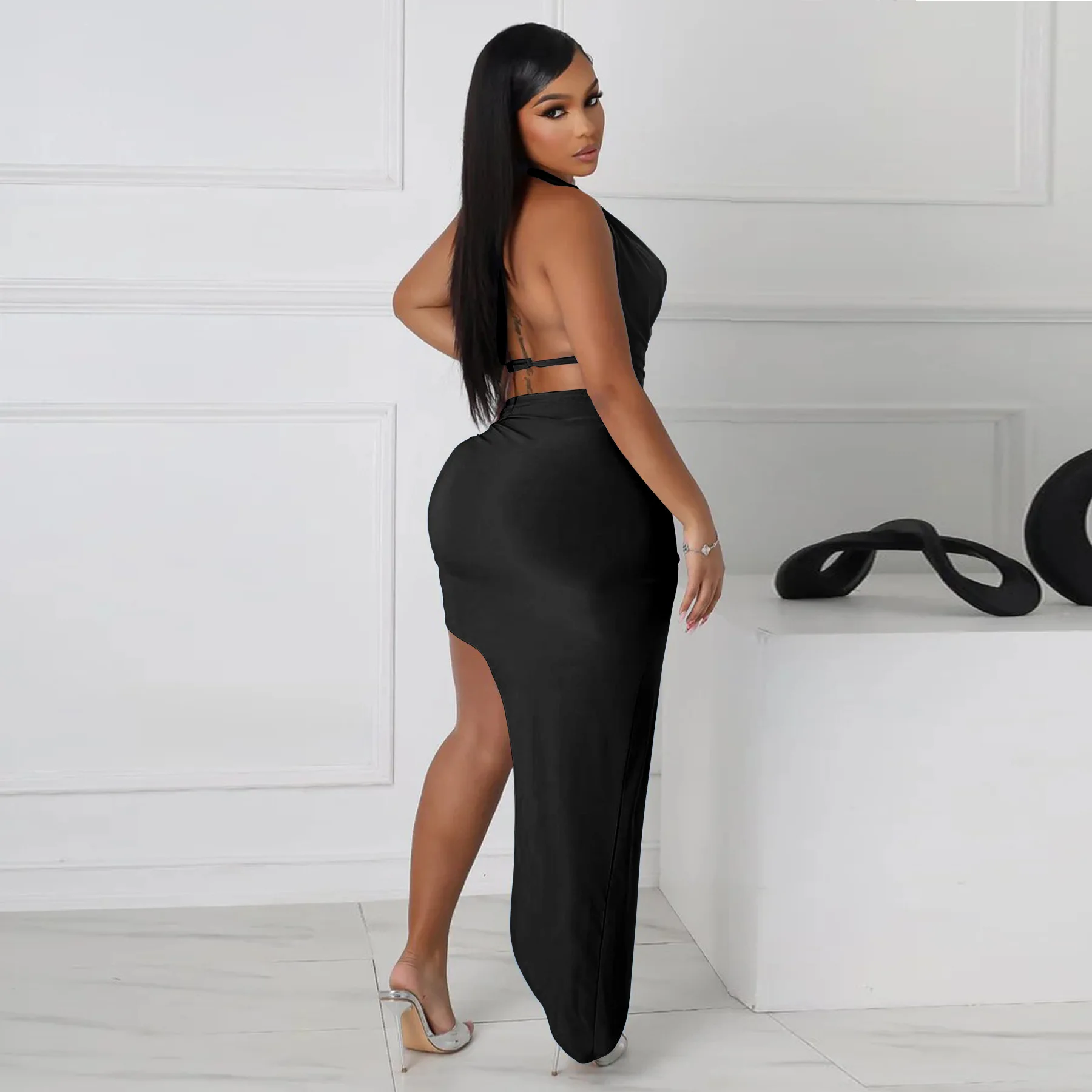 CM.YAYA Women's Set Halter Neck Backless Crop Top High Side Split Slim Maxi Skirts Suit 2025 Beach Sexy Two 2 Piece Sets Outfits