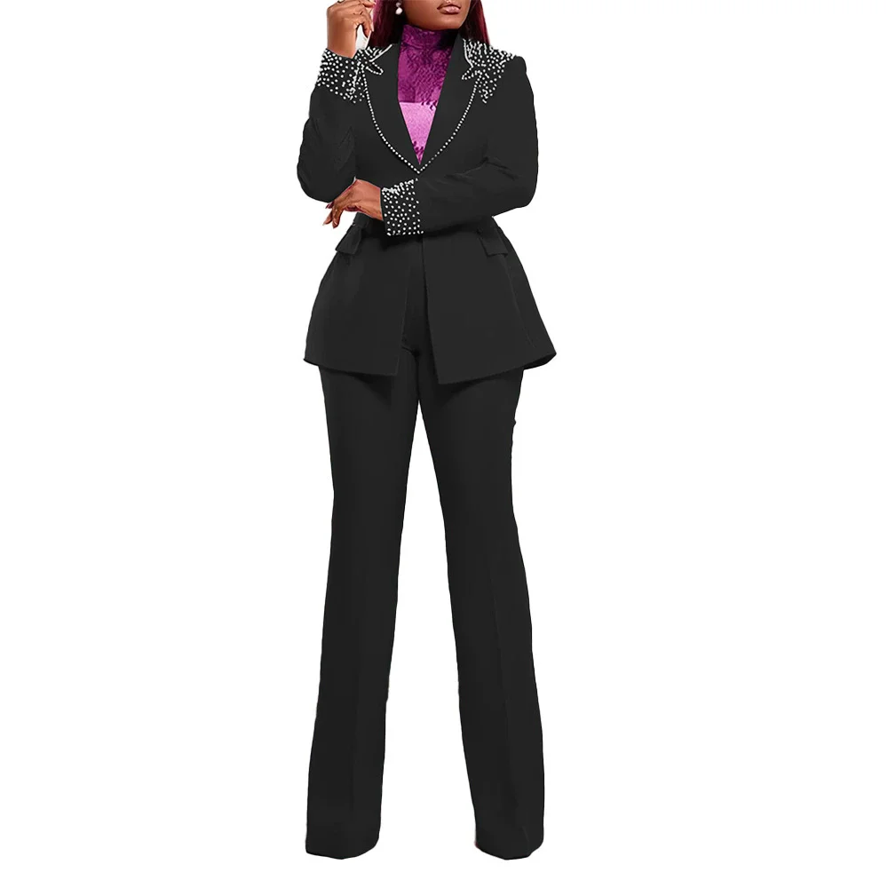 CM.YAYA Fashion Pearl Splicing Women's Set Long Sleeve Blazer and Wide Leg Pants Suit 2024 Winter OL Fall Two 2 Piece Set Outfit CM.YAYA Fashion Pearl Splicing Women's Set Long Sleeve Blazer and Wide Leg Pants Suit 2024 Winter OL Fall Two 2 Piece Set Outfit