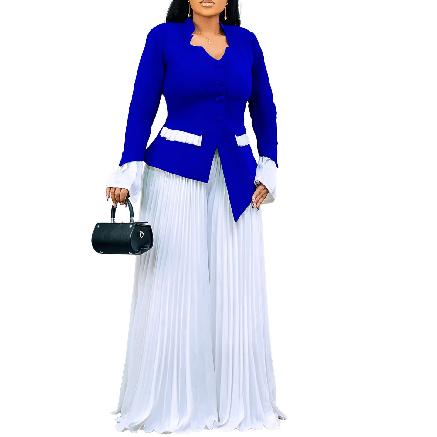 CM.YAYA Women's Set Full Flare Sleeve Button Blazer Shirt + Pleated Long Pants Suit Streetwear Two 2 Piece Set Africa OL Outfits