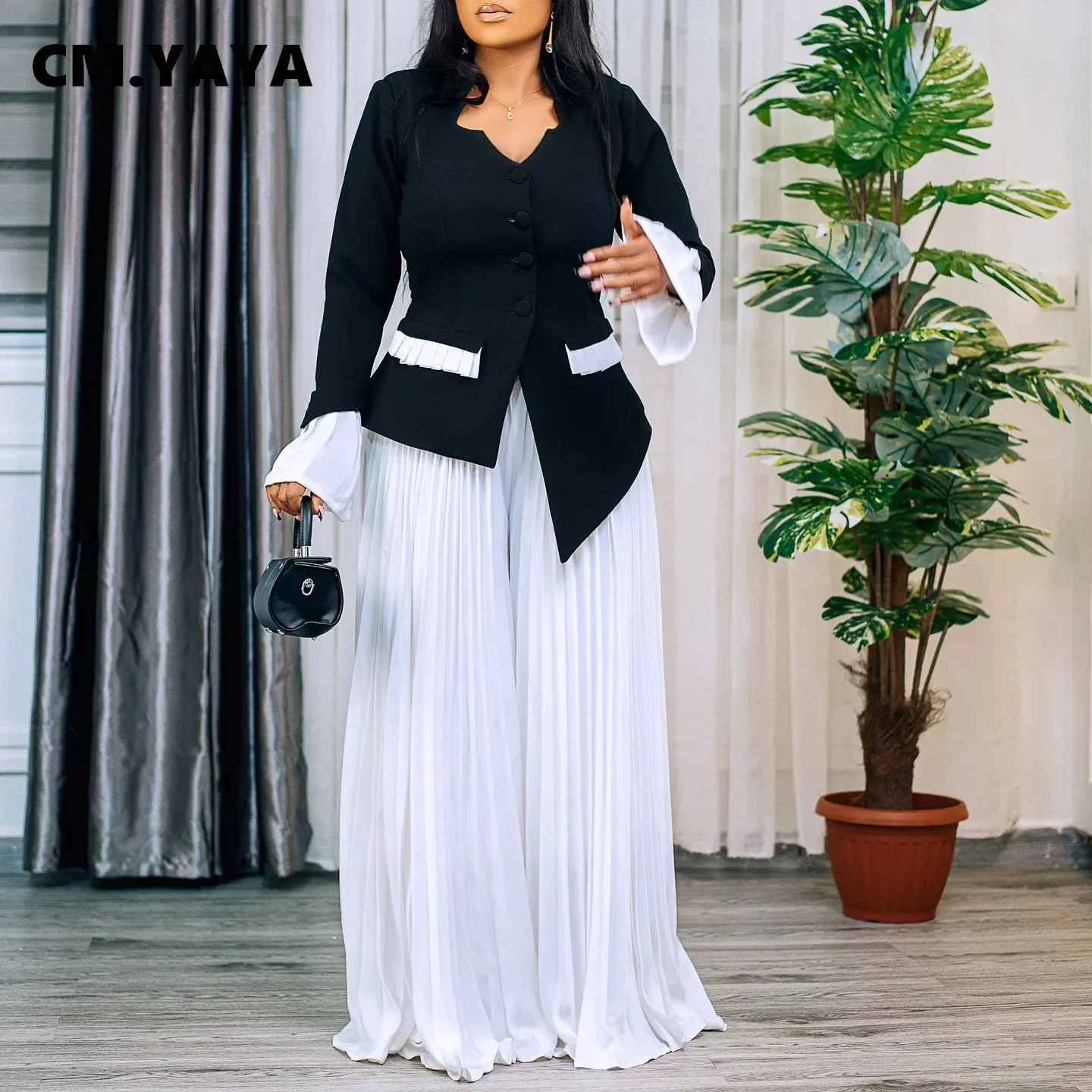 CM.YAYA Women’s Set Full Flare Sleeve Button Blazer Shirt + Pleated Long Pants Suit Streetwear Two 2 Piece Set Africa OL Outfits CM.YAYA Women's Set Full Flare Sleeve Button Blazer Shirt + Pleated Long Pants Suit Streetwear Two 2 Piece Set Africa OL Outfits