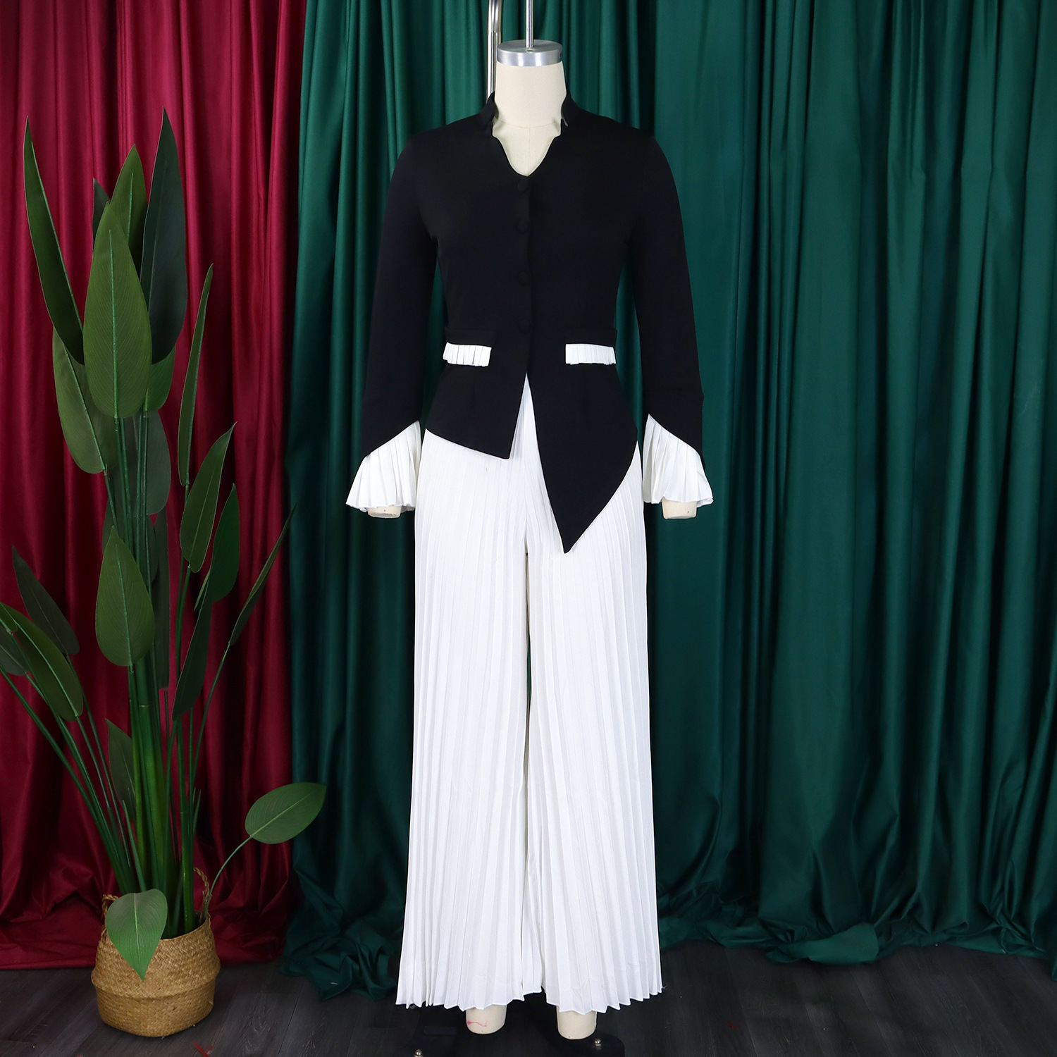 CM.YAYA Women's Set Full Flare Sleeve Button Blazer Shirt + Pleated Long Pants Suit Streetwear Two 2 Piece Set Africa OL Outfits