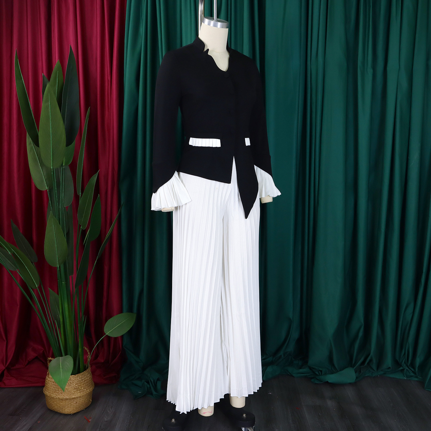 CM.YAYA Women's Set Full Flare Sleeve Button Blazer Shirt + Pleated Long Pants Suit Streetwear Two 2 Piece Set Africa OL Outfits