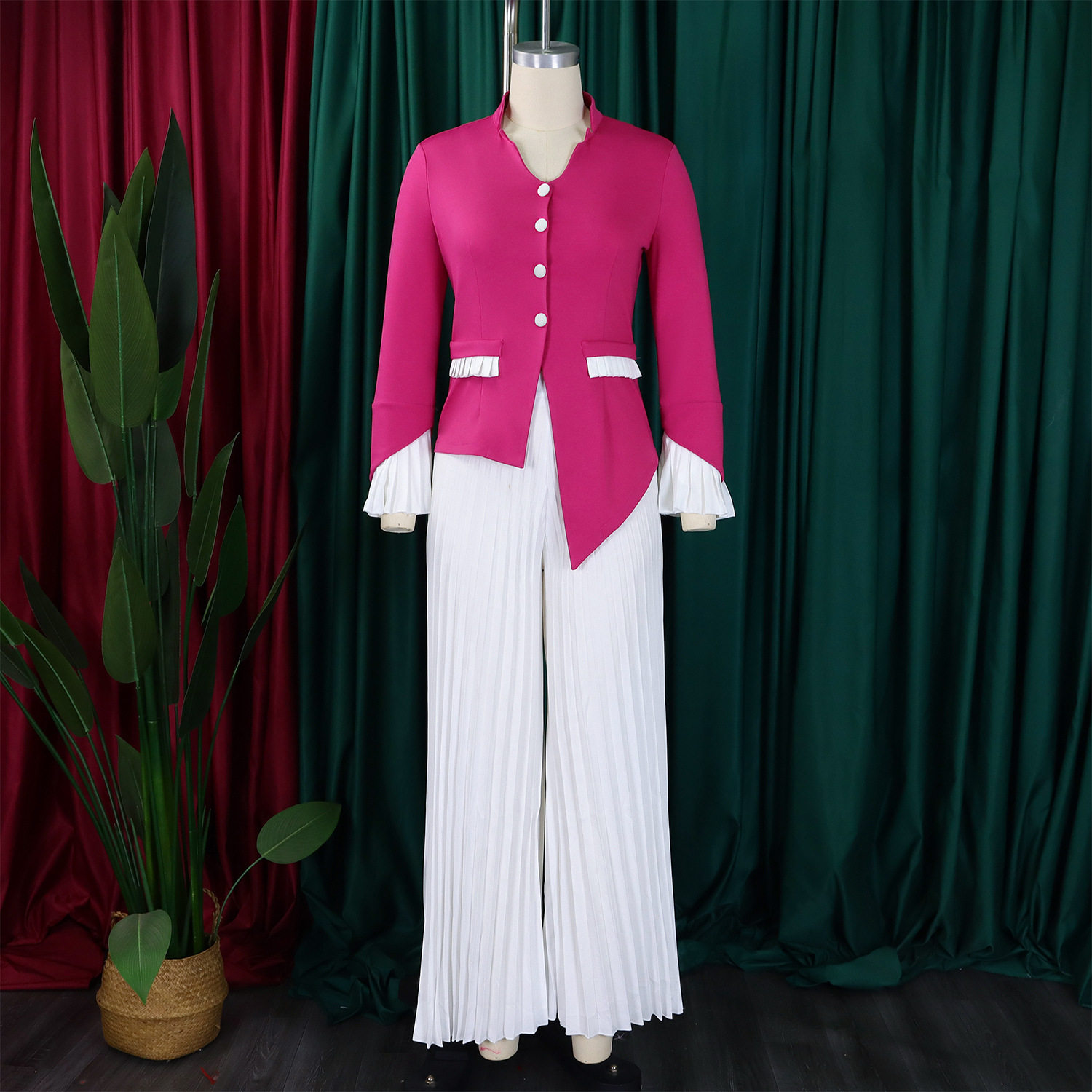 CM.YAYA Women's Set Full Flare Sleeve Button Blazer Shirt + Pleated Long Pants Suit Streetwear Two 2 Piece Set Africa OL Outfits