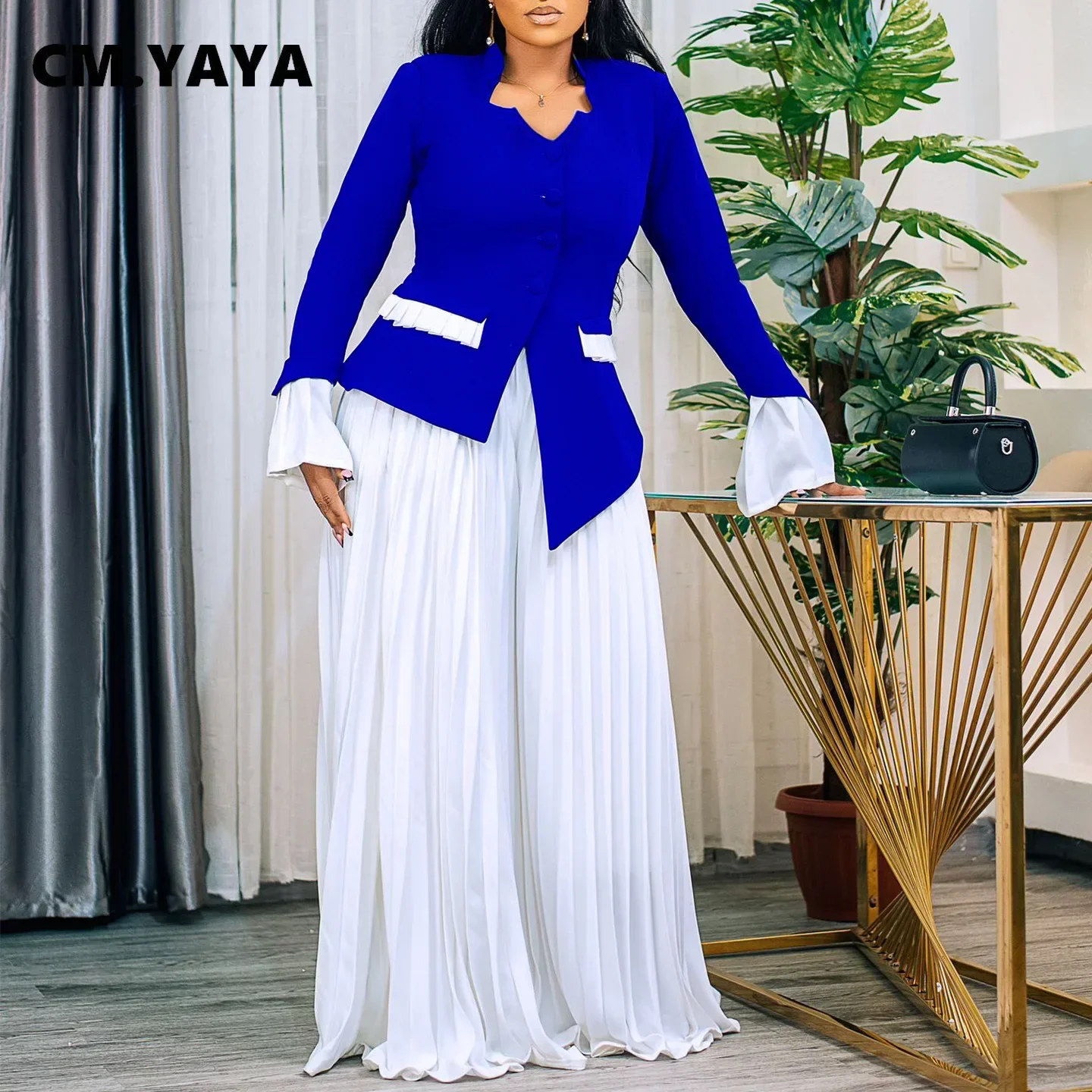CM.YAYA Women’s Set Full Flare Sleeve Button Blazer Shirt + Pleated Long Pants Suit Streetwear Two 2 Piece Set Africa OL Outfits CM.YAYA Women's Set Full Flare Sleeve Button Blazer Shirt + Pleated Long Pants Suit Streetwear Two 2 Piece Set Africa OL Outfits